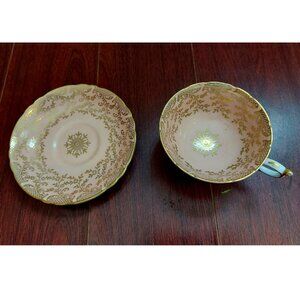 Rare Vintage Paragon Pink Teacup & Saucer England Gilded Scrollwork & Branches